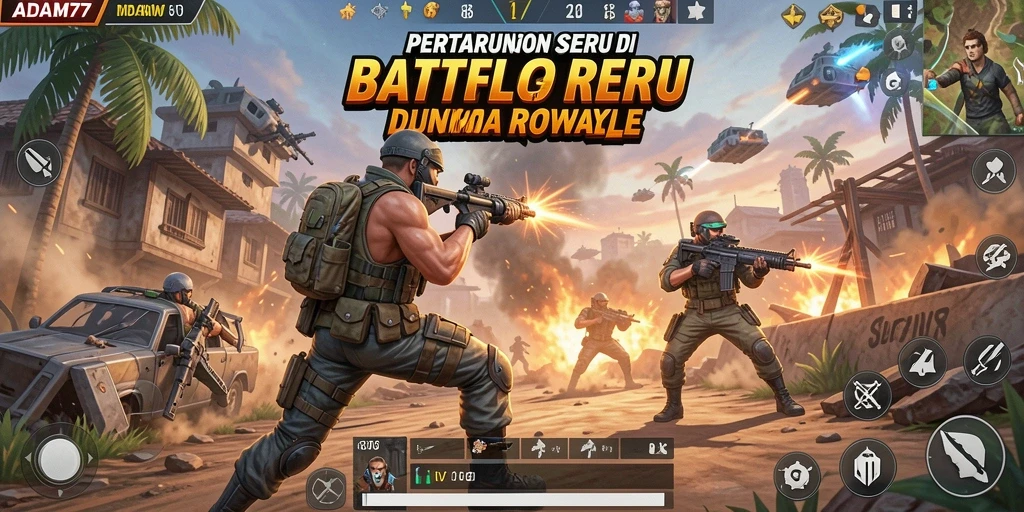 Tangkapan layar utama ADAM77 menampilkan aksi pertarungan Battle Royale yang intens.