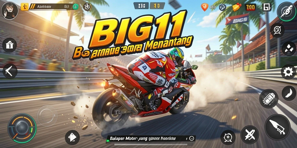 Tampilan gameplay seru di BIG11 saat balapan motor.