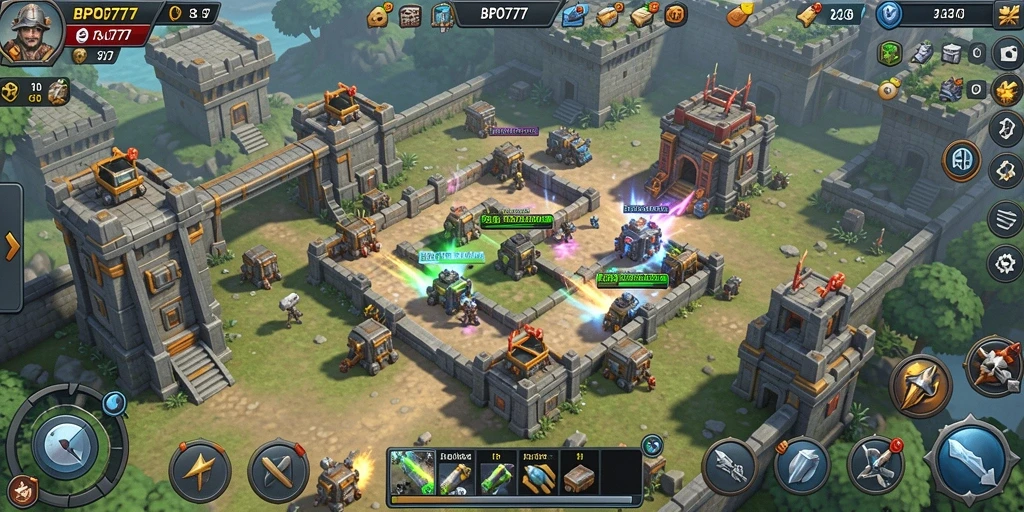 Tampilan gameplay BPO777 dengan menara pertahanan melawan gelombang musuh.