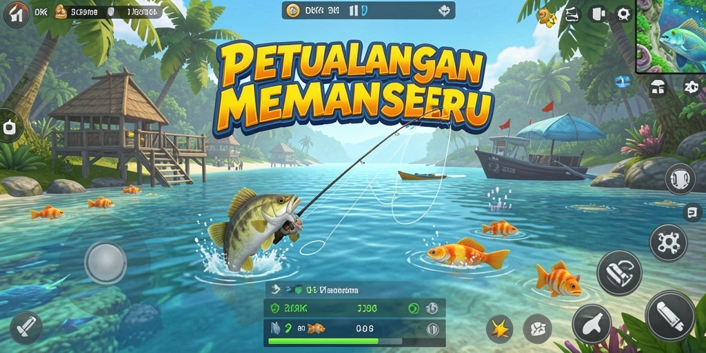 Gameplay seru DKK dengan pemancing menangkap ikan di perairan yang indah.