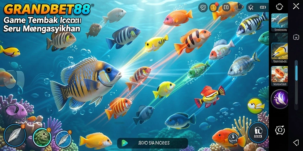 Screenshot menunjukkan pemain memburu ikan dengan senjata di GRANDBET88.