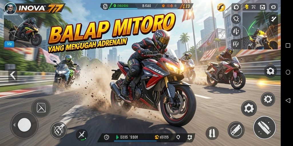 Screenshot gameplay INOVA77 menampilkan balapan motor yang intens dan mendebarkan.