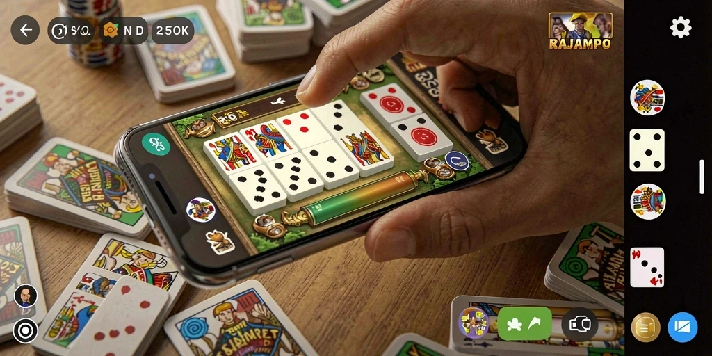 Gameplay seru dari aplikasi RAJAMPO yang menyajikan permainan Domino.