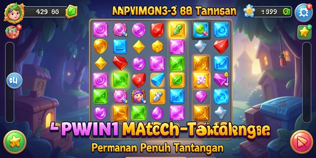 Tampilan seru gameplay RPWIN1 penuh colorfull match-3 gems.